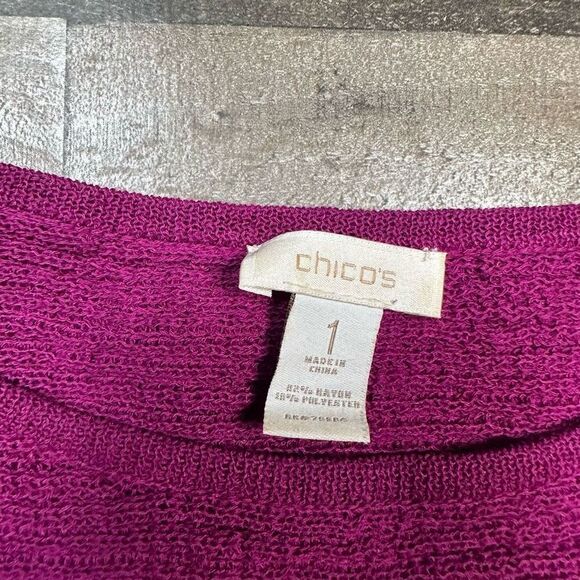 Chico’s Women’s Size 1 Sweater Fuschia Pink Crew Neck Knit Ribbed 3/4 Sleeve - Picture 6 of 6